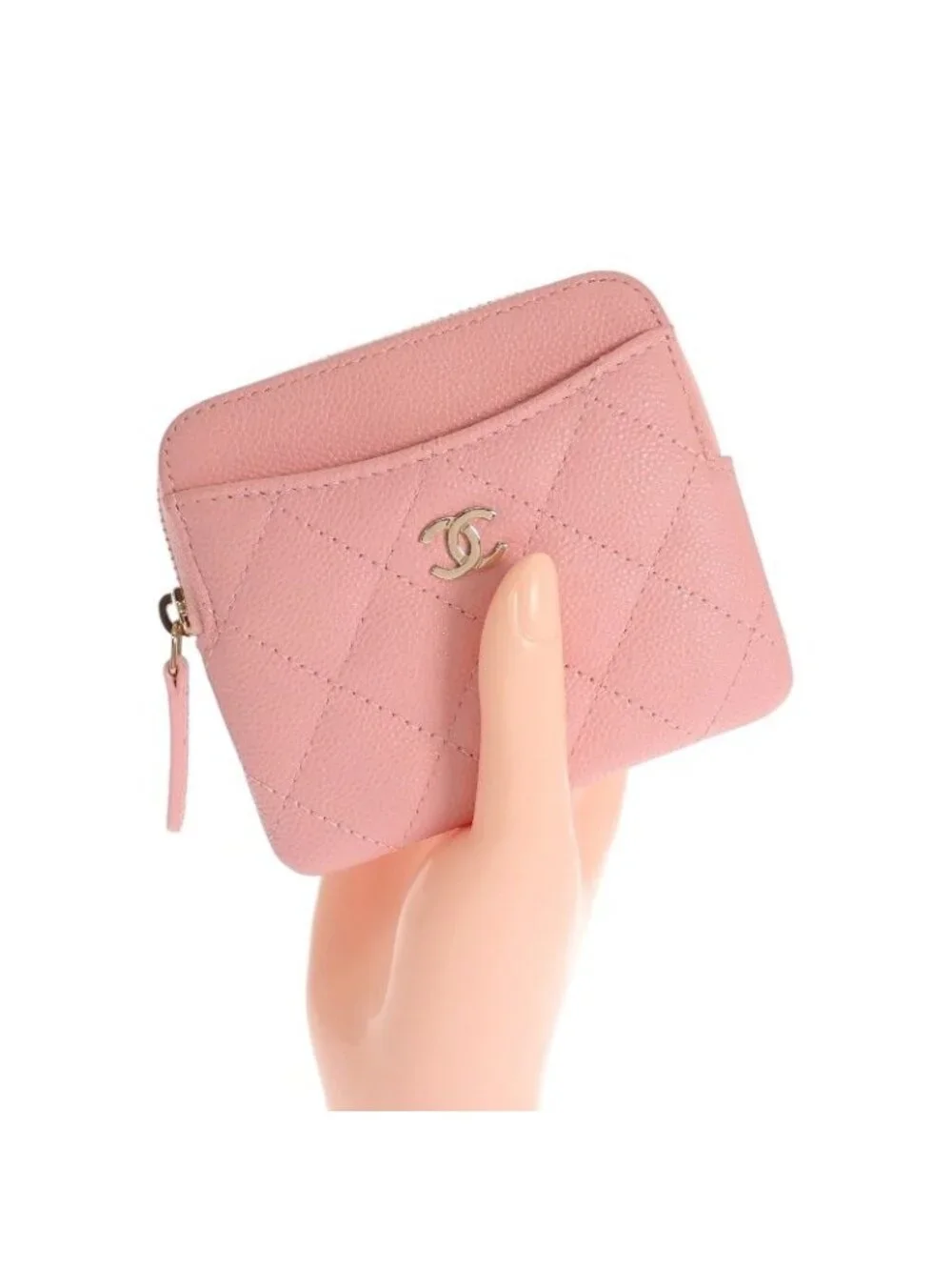 Chanel Classic Zip Coin Purse Mini Wallet Caviar Leather Pink Quilted CC Logo
